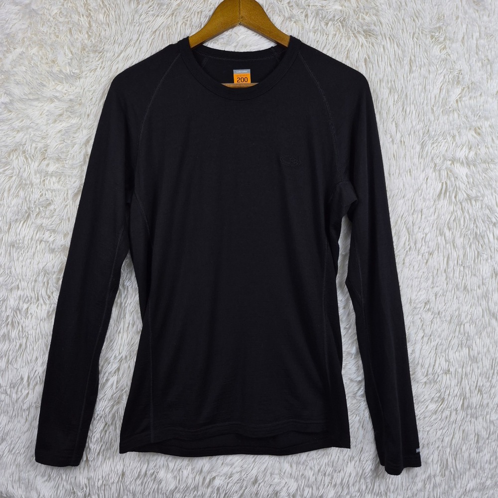 Icebreaker Bodyfit 200 Mens Large Black Merino Wool Base Layer Long Sleeve Top